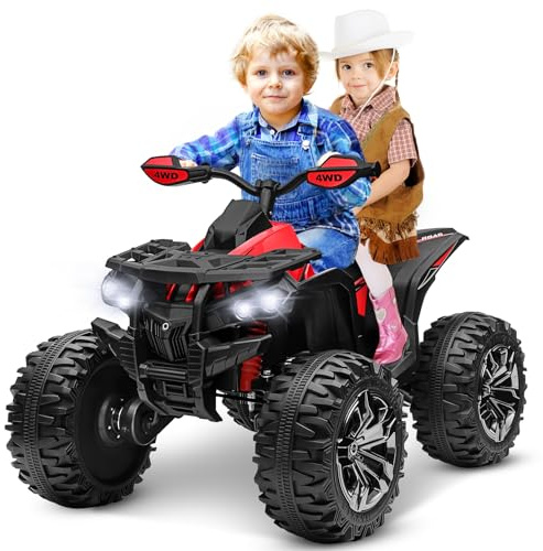 Kids ATV 4 Wheeler, 24V 4WD Ride on Toys w/2 Seater, 4x200W Powerful Motor, 9AH Battery Powered, Bluetooth Music, LED Lights, TF Card, Spring Suspension, Electric Quad Vehicle Car for Boy Girl, Red