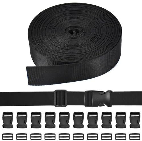 SLTAXAR 1PCS Correas de Nylon 25mmX 5m, 10 Pares Hebillas de Plástico 25mm, Correa de Equipaje Negra con Hebilla Ajustable Cinta para Correa de Mochila Hebilla Liberacion