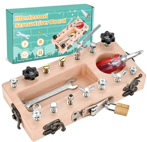 Wooderma Montessori Spielzeug ab 3 4 5 Jahre, Holz Schraubbrett, Busy Board Holzspielzeug, Schraubendreher Brett, Lernspielzeug, Kinderspielzeug, Motorikspielzeug, Geschenk für Mädchen Jungen