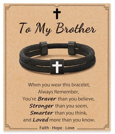 POWWA Brother Birthday Easter Christening Graduation Gifts Cross Bracelet for Him Men Brother Adult from Sister Christmas Under 10 Pounds Valentines