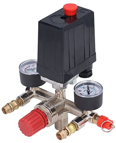 Klanata 90-120PSI Kit de válvula de presión de compresor de aire, regulador de colector de interruptor vertical con medidores reguladores de presión y juego de accesorios de