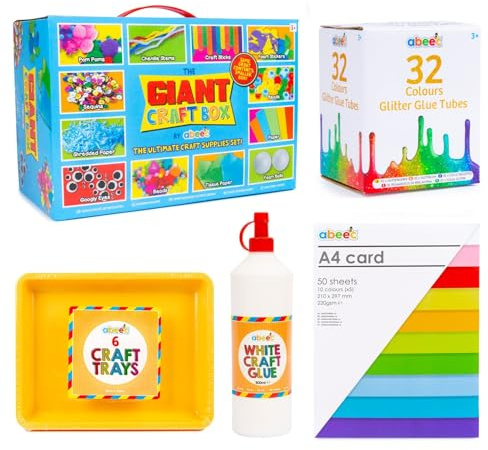 abeec Ultimate Kids Craft Box Bundle | Arts and Crafts Set with 32 Colour Glitter Glues, 500ml PVA Craft Glue, 50 Sheets A4 Coloured Card and 6 Craft Trays | Birthday Gift for Boys and Girls Ages 3+