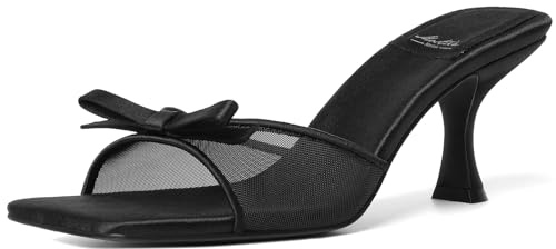 Mostrin Black Mesh Kitten Heels for Women Open Square Toe Mule Heeled Sandals with Bow Slip On Backless Dress Shoes for Wedding Party Holiday Size 7