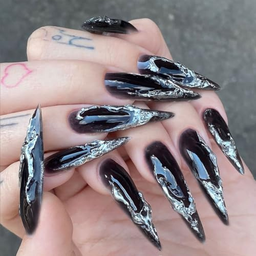 Auriselle 24 pezzi 12 misure Set unghie finte Unghie finte lunghe e appuntite Modello nero Irregolari color argento Tips da incollare artificiali Donne, Nero