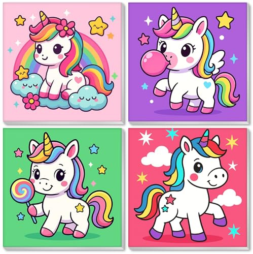 Nariolar 4 Pack Paint by Numbers Kit for Kids Ages 4-8 with 8X8 inch Pre-Printed Canvas,Acrylic Paint Pots and 6 Painting Brushes，Creative Gifts for Kids（Candy Unicorn