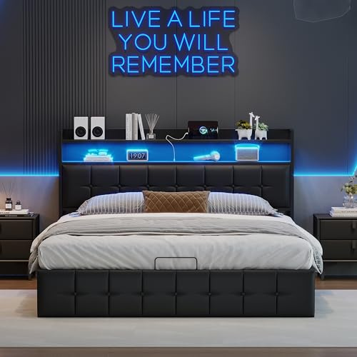 Yeutre Lit Coffre 140x190 avec LED et Ports USB, Lit 2 Personnes avec Rangement et Tete de Lits, Lits Double Rembourré pour Adultes et Adolescents, Noir PU (Noir PU, 140 x 190 cm)
