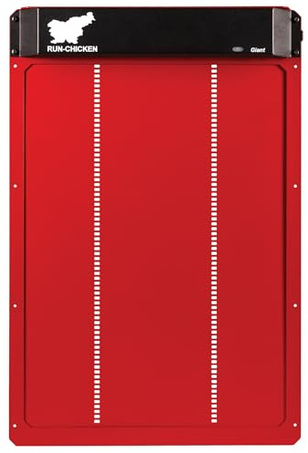 Porta automatica Run-Chicken GIANT rossa per grandi volatili. Apertura 36 x 50 cm, alluminio resistente alle intemperie. Timer o GPS e sistema di sicurezza anti-schiacciamento.