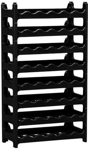 BURI Weinregal stapelbar Kunststoff Schwarz| Flaschenregal für 12-48 Flaschen erweiterbar | stabiles Getränkeregal Küche Keller Bar | Weinflaschen Aufbewahrung Regal leicht zu reinigen (48 Flaschen)