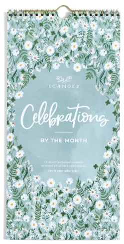1Canoe2 Undated Spiral Wall Calendar – Celebrations by the Month, 7x14” Perpetual Calendar with Floral Art for Birthdays, Anniversaries & Milestones