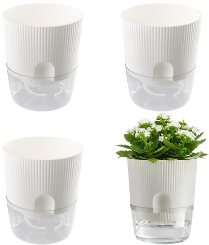 Samlonge 4 Piezas Macetas Plastico, Maceta Autorriego con Cuatro Cuerdas Absorbentes y Almacenamiento de Agua, Tiestos para Plantas Interior 14,5 cm para Jardines Interiores y Exteriores - Blanco