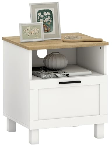 HOMCOM Comodino Camera da Letto con Cassetto e Ripiano Aperto Portaoggetti, Comodino Moderno Salvaspazio con Gambe in Legno di Pino, 45x38x50 cm, Bianco