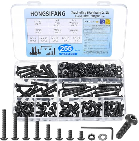 Juego de Tornillos M5, 255 Piezas, Cabeza Redonda Hexagonal, Negro | Tornillería acero carbono clase 10.9, equipada con tuercas y arandelas, incluye llave allen, apta para bricolaje
