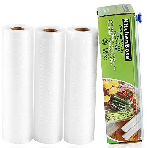 KitchenBoss Sac sous Vide Alimentaire,Rouleaux de Mise sous Vide sans BPA,pour Machine sous Vide (3 rouleaux 20x5M- Plus épais & cutter box)