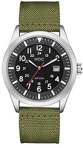 Infantry Mens Analogue Watch Military Field Style,Mens Watches w/Date 12/24 Hr Display,Japanese Movement,Rugged Large Face,Breathable Green Nylon Strap, Classic Tactical Work Watch for Men