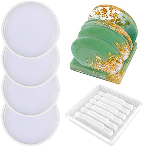 5Pcs Round Silicone Coaster Resin Molds with Holder Mold Cup Mats Mold Handmade Gift Epoxy Resin Casting Mold for DIY Resin Craft Home Decoration (Pattern 1)