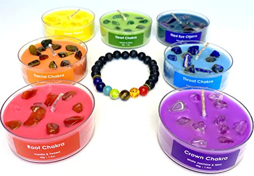 Serenity Crystals Chakra Candle Set - Beautifully Crafted Crystal Infused Candles for Meditation, Healing and Wellness a Suitable Gift for Chakra Spiritual Yoga Meditation, Includes Bracelet