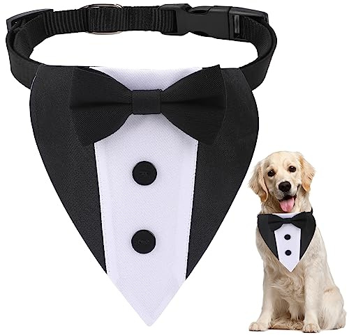 Dog Tuxedo Wedding Bandana Collar with Bow Tie Adjustable Dog Tuxedo Suit Formal Dog Costumes Pet Party Tux for Small Medium Large Dogs Pets(Large: Neck 15”-25”)