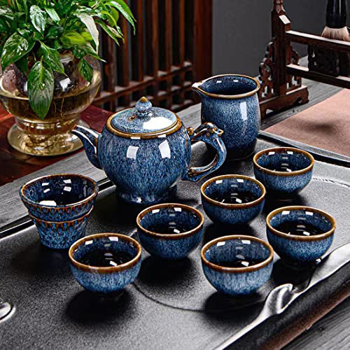 CHANJOON Service à thé chinois Kung Fu en céramique 9 pièces pour adultes, théière de l'après-midi, coffret cadeau, parfait pour les amateurs de thé (Blumen Teekanne)