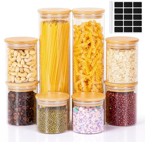 Cinnani 8er-Set Vorratsgläser Mit Deckel+Etiketten,Glasbehälter Holzdeckel,Vorratsdosen Glas Mit Deckel,Vorratsgläser Mit Holzdeckel,Aufbewahrungsgläser Küche Luftdicht für Cornflakes,Müsli,Bohnen
