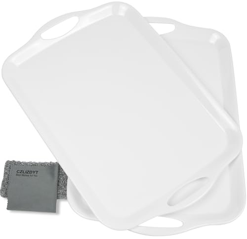 Czlizdyt Large Melamine Serving Tray with Handles, 17.5 x 12 in Rectangular Melamine Serving Platter, Dishwasher Safe Trays for Eating, Appetizer, Charcuterie, Snack, Fruit, Desserts, Set of 2, White
