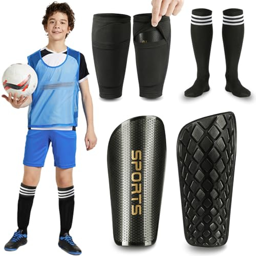 Soccer Shin Guards for Kids Youth - Shin Pads Set with Shin Sleeves and Long Soccer Socks for Age 3-16 Boys and Girls - Lightweight Soccer Equipment (L, Black)