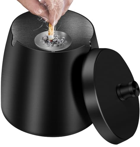 Aschenbecher mit Deckel (9 * 7 * 9cm), Edelstahl Aschenbecher für Draussen, Sturmaschenbecher als Windaschenbecher, Standaschenbecher mit Rutschfest Boden für Draußen und Innen - Schwarz