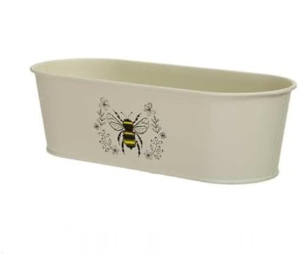 RiloStore Pflanzschale Creme Biene oval Edel 27x11x9cm o840 Metall Jardiniere Gartendeko Übertopf Bienendruck Pflanzkasten Balkonkasten Blumentopf lang Wabe Bienen