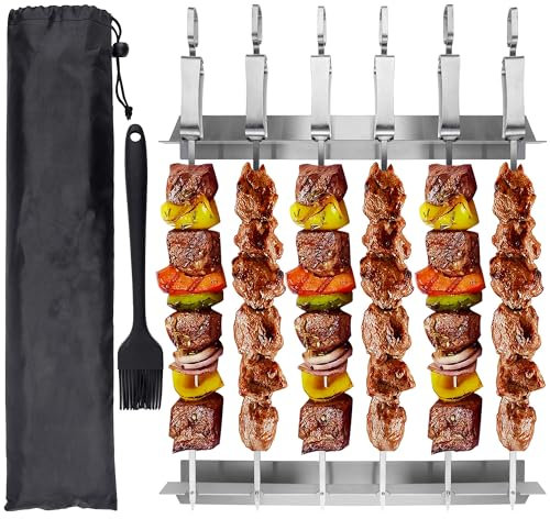 AWCIGG® Set de Brochetas de Barbacoa de Acero Inoxidable, 6 Piezas Pinchos Planas+ Soporte para Brochetas + Cepillo para Grasa + Bolsa de Almacenamiento, Accesorios Reutilizables para Barbacoa