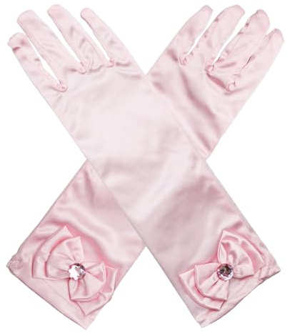 Husalsea Children'S Long Gloves, Bow With Rhinestone, Dress Gloves, Wedding Flower Girl Princess Dress Up Satin for Birthday, Holiday Celebrations, Costume Party Decorations (Pink)