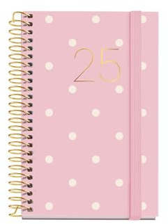 Miquelrius - Dagskalender 2025, 80 x 120 mm, dagskalender, folierad kartongomslag, spiral, elastisk gummiförslutning, 80 g/m² papper, spanska, engelska och portugisiska, polka dots
