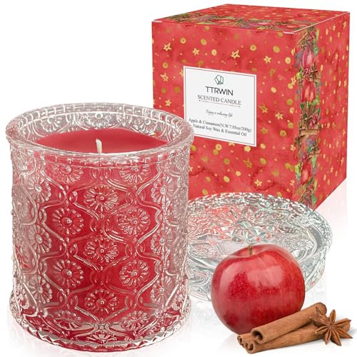 TTRWIN Rote Duftkerze im Glas, Reichlich duftend nach Apfel und Zimt, 200g Natürliche Sojawachs-Kerze, Lang Brennend, Geschenk für Weihnachten, Geburtstag, Hauseinweihung