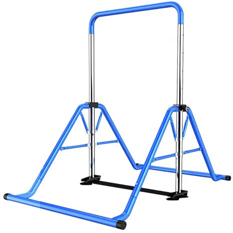 Kegoupdys Barre de Gymnastique Pliable pour Enfants Barre de Gymnastique Horizontale avec Anneaux de Gymnastique Barre de Gym avec Hauteur Réglable 5 Niveaux 115 à 155 cm (Bleu)