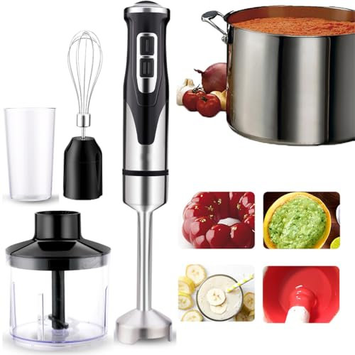 Batidora De Mano, Batidora De Cocina 4 En 1 De 2000w, Perilla De Control Grande con 2 Velocidades Y Modo Turbo, Picadora, Vaso De 500ml, Batidor, Vaso De 600ml para Purés, Batidos