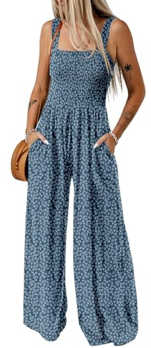 Dokotoo Mono Mujer Verano Elegante Monos de Vestir Estampado Floral Peto de Pierna Ancha con Bolsillos Conjunto Vestidos, azul, L
