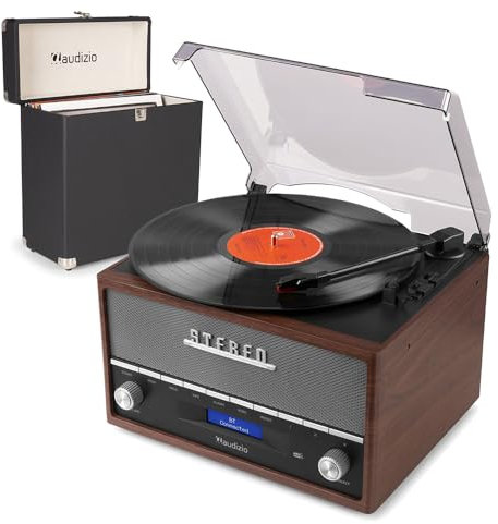 Audizio Frisco Retro Record Player with DAB HiFi System, Bluetooth Vinyl Player & Built-in Speakers – 3 Speed Turntable with FM Radio & Record Case for Vinyl Storage