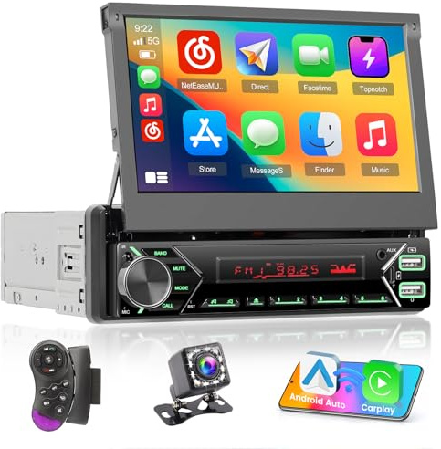Inefala Autoradio 1 Din Carplay Wireless con Schermo Retrattile Motorizzato con Android Auto, 7 Pollici Touchscreen Stereo Auto Supporta Bluetooth/Mirror Link/FM/USB EQ DAB con Telecamera Posteriore