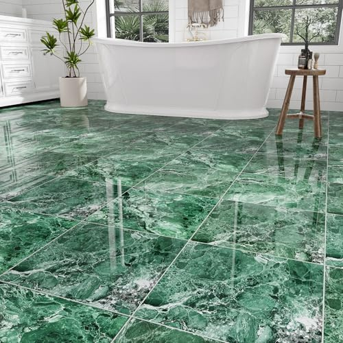 ZRJT 30-Pack 30 Sq.Ft Peel and Stick Floor Tiles Vinyl Polish Pattern Flooring, 12” x 12” Self Adhesive Vinyl Flooring DIY for Kitchen, Bathroom, Laundry, Polish Green Marble