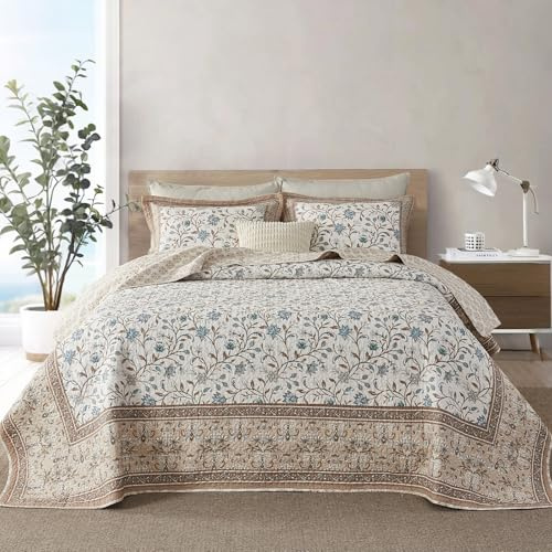 CozyStitch Oversized King Bedspread Quilt 128x120, 100% Cotton Lightweight Reversible Bed Spreads Coverlet Set Vintage Floral Bedding Sets, 3 Piece, Brown/Teal