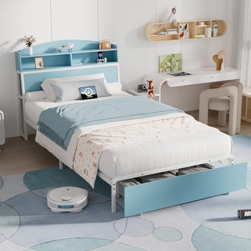 Twin Bed Frame with Storage Headboard & Drawer, 3-in-1 Charging Station, Sturdy Metal Frame, No Box Spring Needed, Noise-Free, Non-Slip Design – Ideal for Kids, Teens, or Guest Room (Blue & White)