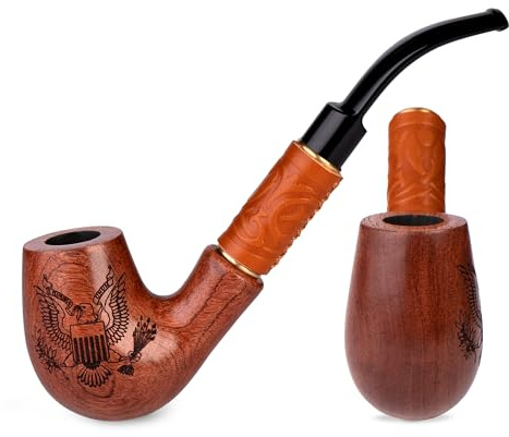19 cm lång päronträ rökpipa | Churchwarden tobakspipa med American Eagle-gravyr | För 9 mm filter | Sammetspåse ingår | Endast för tobaksanvändning