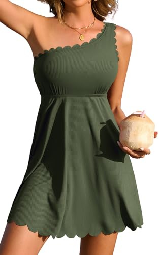 Charmo Womens One Piece Swimsuits Tummy Control Bathing Suits Full Coverage Swimsuit with Skirt Swim Dress Swim Suits for Women Army Green L