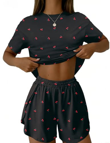 IECCP Pyjamas för kvinnor damer pyjamas sommar söt pyjamas set två delar kortärmad pyjamas och delad kort myskläder mjuka nattkläder andningsbara nattkläder