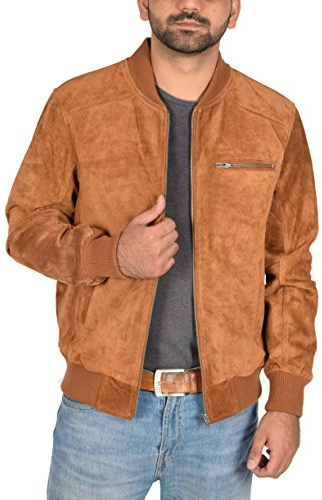 Hommes Classique Fit Baseball Véritable Cuir de Suède Doux Bomber Veste Reg Bronzer (L)