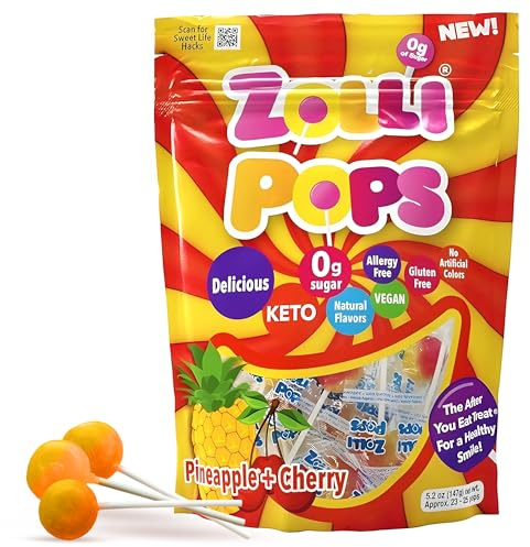 Zollipops Cherry-Pineapple Duo Pops, Sugar-free, Allergy-free, Vegan, KETO & Diabetic Friendly, Natural Clean Teeth Candy, Red-Yellow