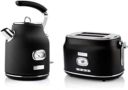 Westinghouse Retroline Frühstück-Set Schwarz, Toaster & Wasserkocher, 1.7 Liter, Kalkfilter & Überhitzungsschutz, Zwei Schlitz Toaster mit Brötchenaufsatz & Krümelschale