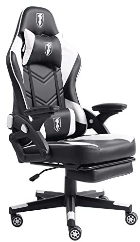 TRISENS Gaming Stuhl im modernen Racing-Design mit ausziehbarer Fußstütze Gaming Chair mit verstellbaren Design Armlehnen ergonomischer Schreibtischstuhl mit extra Stützkissen, Farbe:Schwarz/Weiß