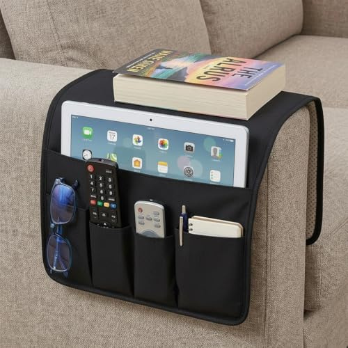 volumoon Bolsa de Almacenamiento para Reposabrazos de Sofá Organizador para Reposabrazos de Sillas, Antideslizante, 5 Bolsillos, para Teléfono Ipad Revistas Control Remoto de Tv Anteojos (Negro)