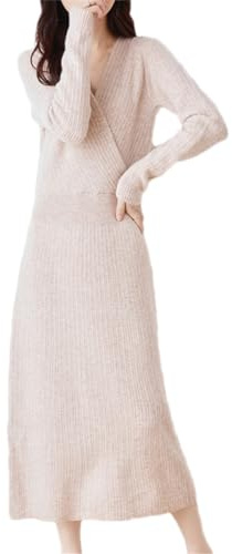 Hamthuit Vestido De Suéter De Lana Delgado para Mujer Falda Larga De Punto con Cuello En V Apretar La Cintura Vestido De Jersey Largo De Lana