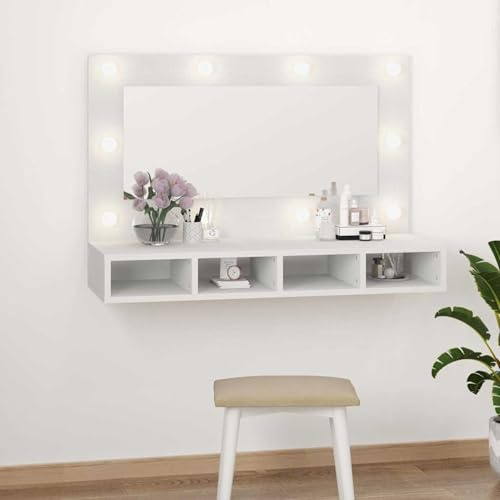 Homgoday Sminkbord, sminkbord med spegel och LED-lampor med justerbar ljusstyrka för flicka med 4 fack öppna fack litet sminkbord modern, vit