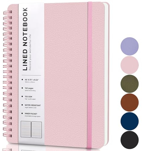 Lined Spiral Journal Notebook, A5 Hardcover Leather Notebook for Work, 5.7''×8.2'', 100GSM Thick Paper Spiral Bound Journaling Notebooks for Women & Men Office School Note Taking Business, Pink